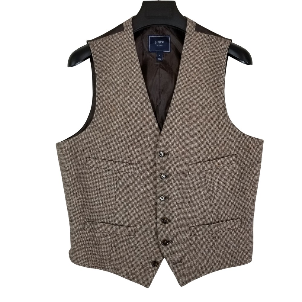 J.Crew Herringbone Wool Blend Vest Mens Medium Brown Tweed Waistcoat